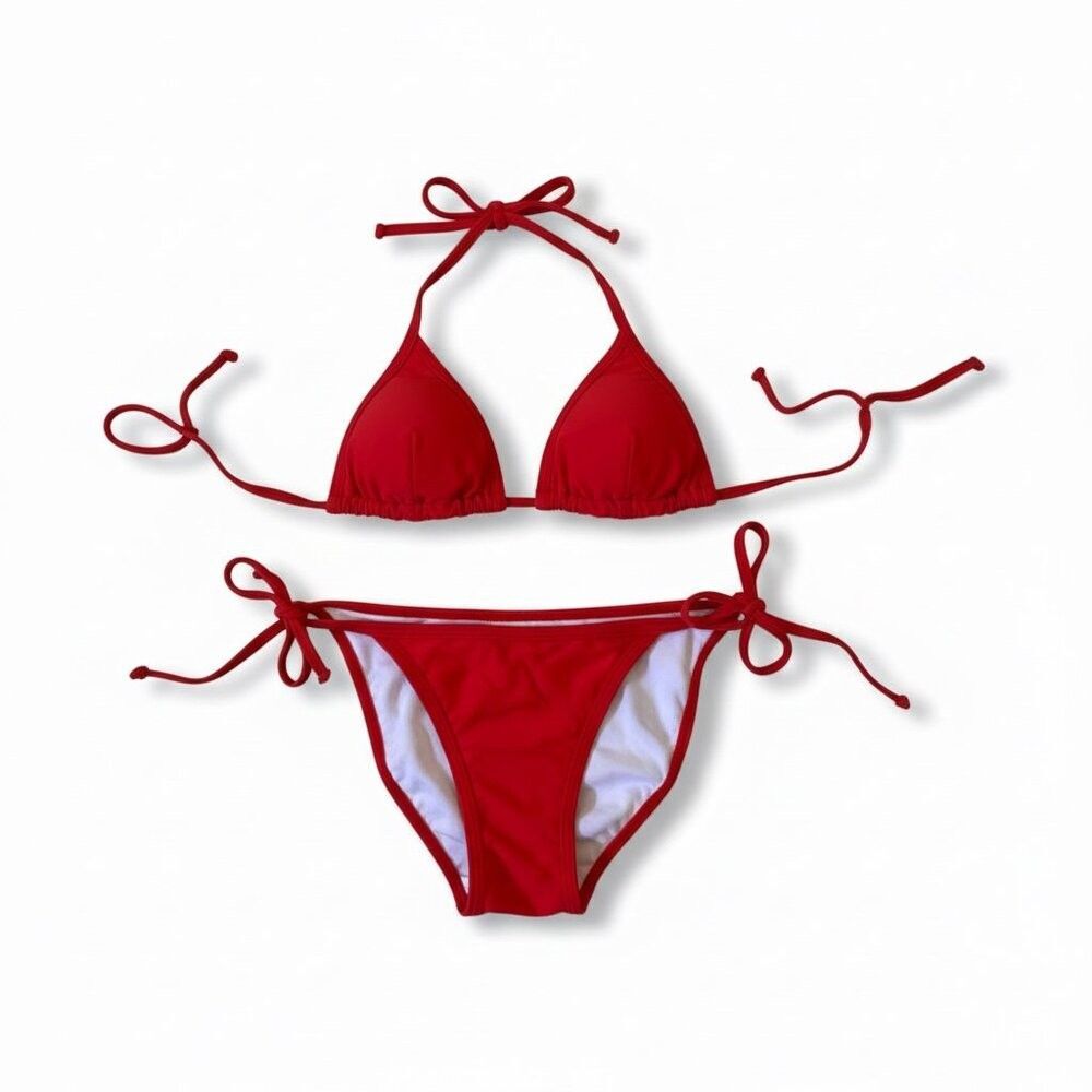 Red String Bikini Set Triangle Halter Tie Side Two Piece Swimsuit Size M, NWT